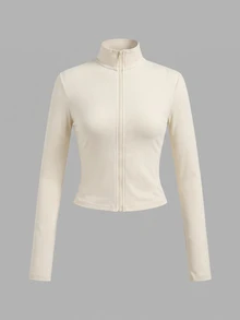 SHEIN EZwear 休閒極簡風 3 件組 黑色/棕色/米色 針織拉鍊長袖女款 T-shirt，適合秋冬穿著 - 彩色 - 查看 4
