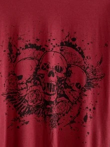 ROMWE Grunge Punk Women's Skull Print 2 In 1 Patchwork Casual Daily T-Shirt - Burgundy - View 3
