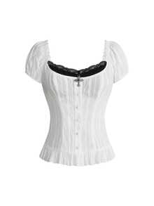 ROMWE Women's 2 In 1 Blouse, Black & White, Gothic Fairy Tale Cute Japanese Style, Versatile Sweet Y2K Minimalist Sexy - White - View 1