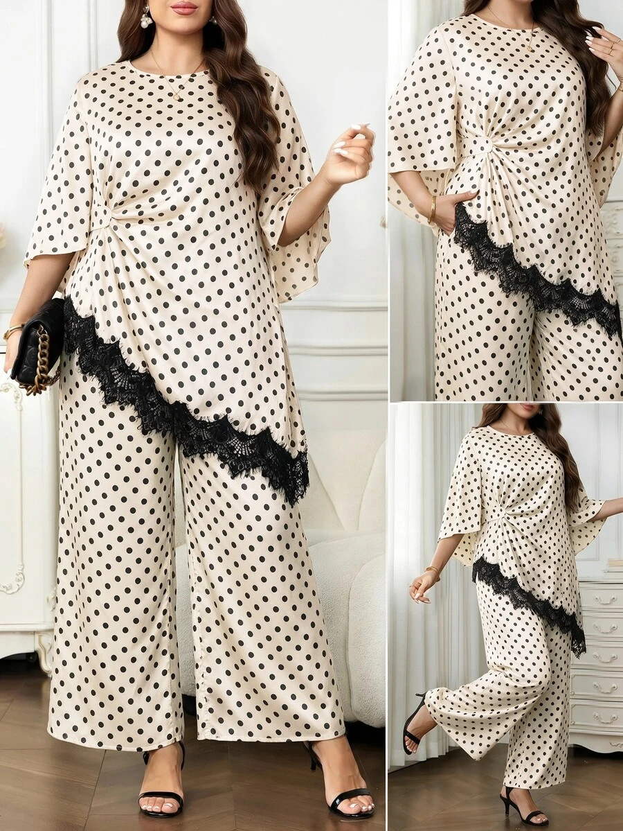 SHEIN Clasi 大尺碼波點印花蕾絲拼接不對稱下擺襯衫與長褲兩件套 - 杏色 - 查看 1