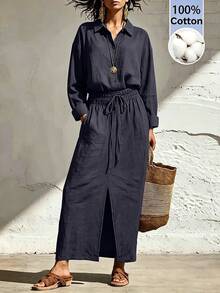 SHEIN Women's 100% Cotton Navy Collar Drawstring Waist Split Maxi Dress, Casual Dress For Spring Fall Casual Daily Wear - Navy Blue - View 4