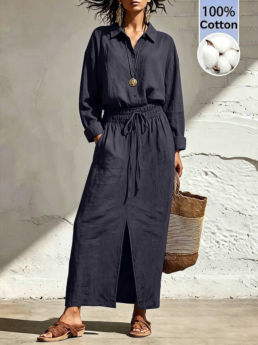 SHEIN Women's 100% Cotton Navy Collar Drawstring Waist Split Maxi Dress, Casual Dress For Spring Fall Casual Daily Wear - Navy Blue - View 1