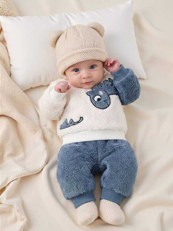 SHEIN Vintaside Kids 2pcs Baby Boy Toddler Boy Sweatshirt + Pants Cute Sweet White Blue Bear Embroidery Fuzzy Long Sleeve Round Neck Thick Outdoor Winter Fall Autumn Set