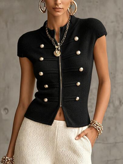 SHEIN New Spring Fall Napoleonic Military Double Breasted Knit Vest Women Stand Collar Full Zip Cap Sleeve S