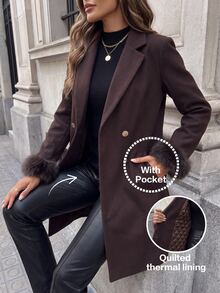 SHEIN Clasi 女款純色翻領長袖雙排扣優雅羊毛大衣 - 棕色 - 查看 1