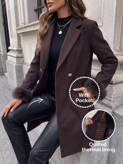 SHEIN Clasi 女款純色翻領長袖雙排扣優雅羊毛大衣