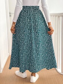 SHEIN Frenchy 女款碎花荷葉邊開衩中長裙 - 綠色 - 查看 2