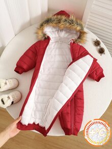SHEIN Unisex Baby Boy/Girl, Toddler Autumn/Winter Thermal Lined Thickened Hooded Jumpsuit, Baby Winter Jumpsuit, Thermal, Thickened - Black - View 1