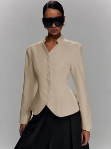 LYSMO Women's Solid Color Long Sleeve Single-Breasted Casual Blazer - Khaki - View 8