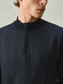 RONVEXI 男士全提花半拉鍊針織套頭衫 - 藏蓝色 - 查看 4