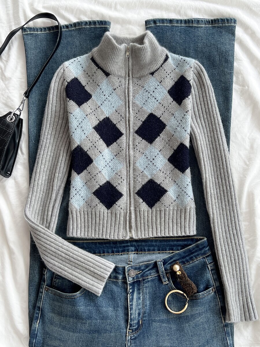 Elamini Women's Autumn/Winter Lazy Fashion Versatile Daily Commute College Style Argyle Zipper Cardigan - Multicolor - View 1