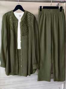 Linhara Plus Size Women Solid Color Linen Blend Round Neck Lace Patchwork Full Button Front Mid Sleeve Casual Comfortable Regular Fit Shirt + Elastic Waist Loose Long Pants 2pcs Set - Army Green - View 1