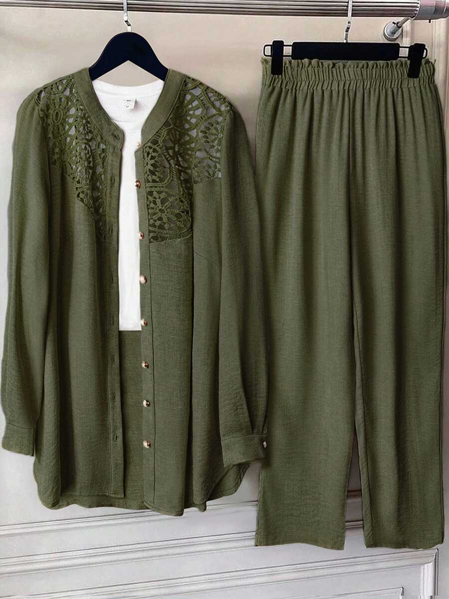 Linhara Plus Size Women Solid Color Linen Blend Round Neck Lace Patchwork Full Button Front Mid Sleeve Casual Comfortable Regular Fit Shirt + Elastic Waist Loose Long Pants 2pcs Set - Army Green - View 1