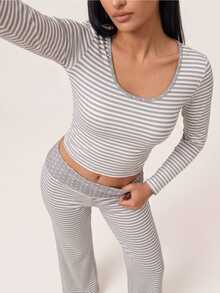 SHEIN BAE Women's Striped Long Sleeve T-Shirt And Pants Sports Set - Light Grey - View 6