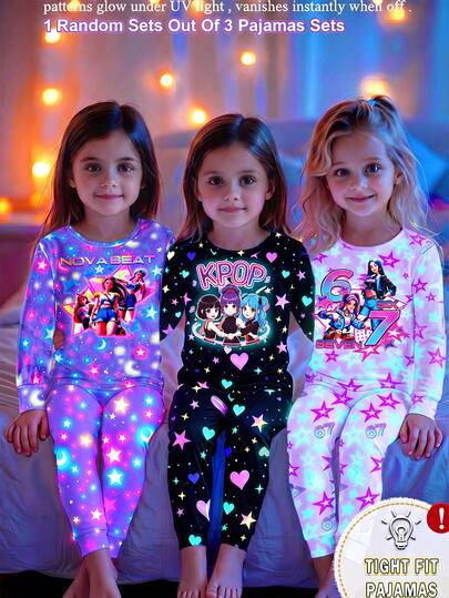 SHEIN Young Girl Round Neck Short Sleeve Shorts Dreamy Girl Group Star Pattern Print Sweet Cool Childlike Style Knit Elastic Fabric Comfortable Soft High Stretch Snug Fit Purple UV Light Glow-In-The-Dark Purple 2 Pieces Set Loungewear Pajamas Young Girls
