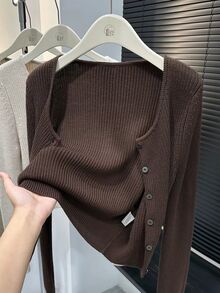 Muvela Cardigan Rajut Wanita Lengan Panjang Warna Polos Kancing Tunggal Kasual Minimalis Dasar Cokelat Tua Musim Gugur - Coffee Brown - View 4