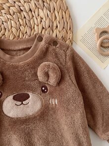 SHEIN Newborn Baby Cute Casual Fluffy Brown Cartoon Pattern Embroidered Winter Top And Elastic Waist Long Pants 2-Piece Set - Brown - View 5