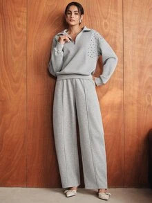 Anewsta New Fashion Casual Asymmetrical Design Loose Fit Women's Sweatpants - Grey - View 6