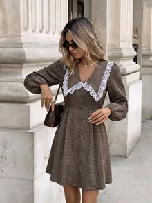 Serisse Women's Elegant Short Dress With Contrast Lace, Plaid Pattern And Button Design Fall Dark Academia Long Sleeve Houndstooth Peter Pan Collar - Brown - View 2