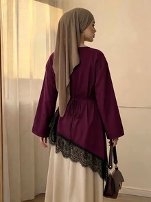 Celisse Atasan Wanita Lengan Panjang Model Longgar dengan Hem Asimetris dan Hiasan Renda, Model Baru untuk Awal Musim Gugur - Burgundy - View 2