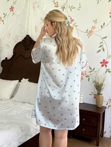 CottageSlumber Cherry Striped Print Faux Silk Shirt Style Plus Size Nightgown - Multicolor - View 2