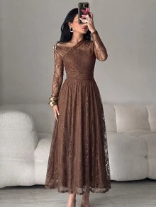 Modelyn Women's Elegant Solid Color Lace Dress - Coffee - View 5