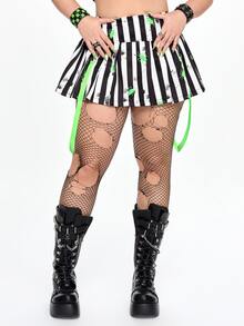 Beetlejuice X ROMWE تنورة ميني كاجوال متعددة الاستخدامات للنساء بمقاسات كبيرة بتصميم مخطط وألوان متباينة - الأسود - مشاهدة 7