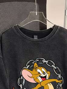 TOM & JERRY X SHEIN SHEIN EZwear 大尺碼休閒卡通印花圓領T恤，適合外出與返校季 - 黑色 - 查看 4