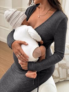 Slowluna 秋季孕婦休閒哺乳洋裝 - 黑色 - 查看 6