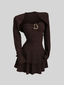 Sweetra Women's Elegant 2 Pieces Brown Knit Slim Fit Set With Metal Decoration - Coffee Brown - View 8