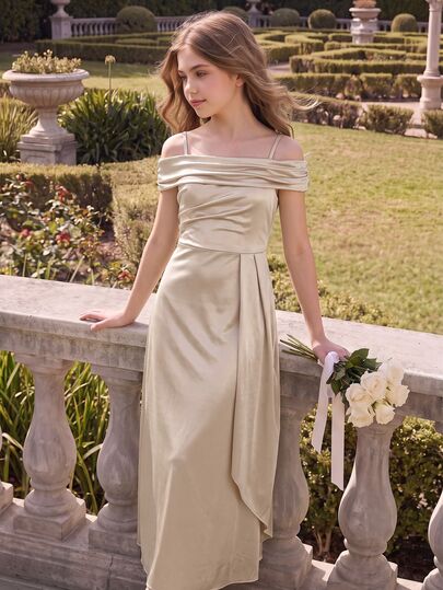 SHEIN Girls' Elegant Solid Champagne Spaghetti Strap Off-Shoulder Dress, Casual Party Formal Wedding Graduation Back To School Spring Summer Dress