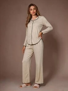 SHEIN Women's Casual Knit Ruffle Hem Asymmetrical Bottom Button Loungewear Pajama Set - Apricot - View 7