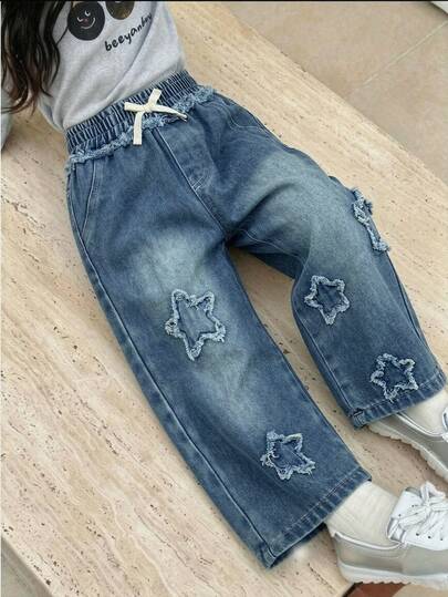 Young Girls Cute Style Toddler Denim Jeans, Spring Summer Autumn Winter, Medium Blue Denim Color, White 3D Star Embroidery, Straight Leg Loose Fit, Comfortable Fine Cotton Denim Fabric, Daily Outings, School, Commute Wear