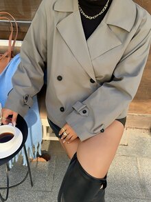 Dazy Plus Double-Breasted Design Autumn New Style Lapel Long Sleeve Loose Fit Trench Coat Jacket - Grey - View 1