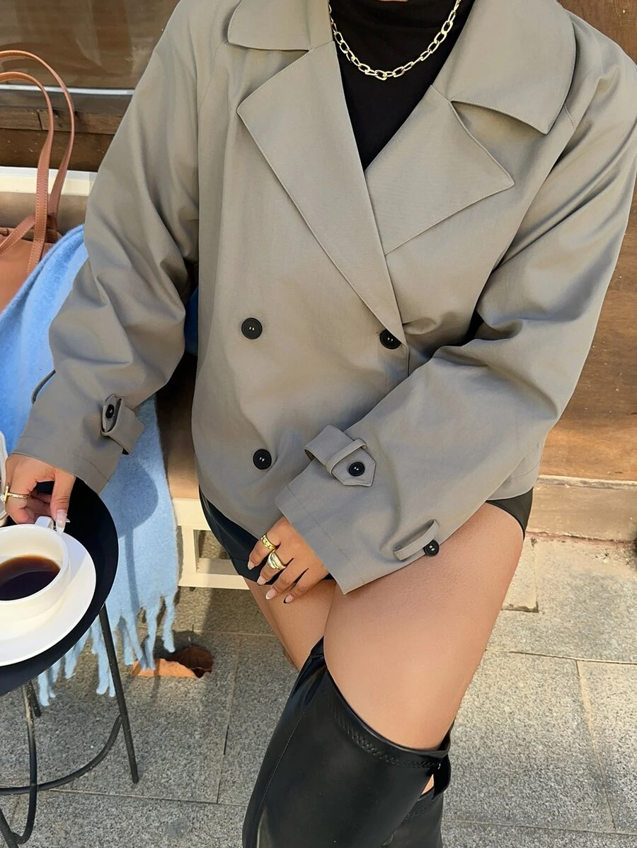 Dazy Plus Double-Breasted Design Autumn New Style Lapel Long Sleeve Loose Fit Trench Coat Jacket - Grey - View 1