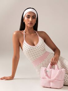 SHEIN BAE Women's Polka Dot Casual Daily Wear Halter Neck Sports Jumpsuit - White - View 5