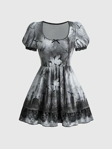 ROMWE Goth 女款十字印花短花瓣袖蝴蝶結裝飾時尚迷你洋裝 - 黑色 - 查看 1
