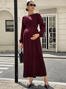 MaterniWear 孕婦秋季休閒通勤條紋洋裝 - 酒紅色 - 查看 6