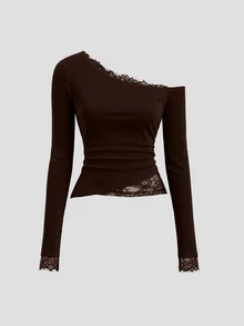 Sweetra American Hot Girl Style Lace Patchwork Sexy Asymmetric Shoulder Design Base Layer Top, Slimming Waist, Asymmetrical Hem, High-End Women's Blouse For Autumn/Winter - Brown - View 3