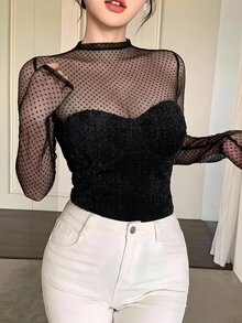 DAZY 春秋夏季波點透視網紗拼接女款長袖性感上衣，適合派對與婚禮穿著 - 黑色 - 查看 2