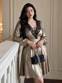 Vibekara Autumn Women's Metallic Luster Lace V-Neck Petal Sleeve High Waist Party Night Dress Black And Gold Elegant Sexy - Gold - View 7