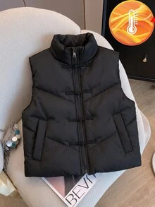 SHEIN 女童冬季燈芯絨復古立領拉鍊背心短款加厚棉服外套，經典百搭可愛日常長袖夾克 - 黑色 - 查看 4