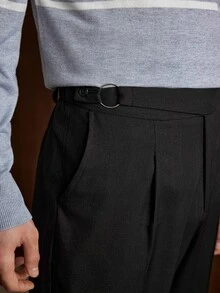 Formmaro Formal Men's Suit Pants, All-Over Striped Print, Drawstring Waist, Slanted Pocket Design, Casual Elegant Minimalist Style, Holiday Gift Black Autumn - Black - View 5