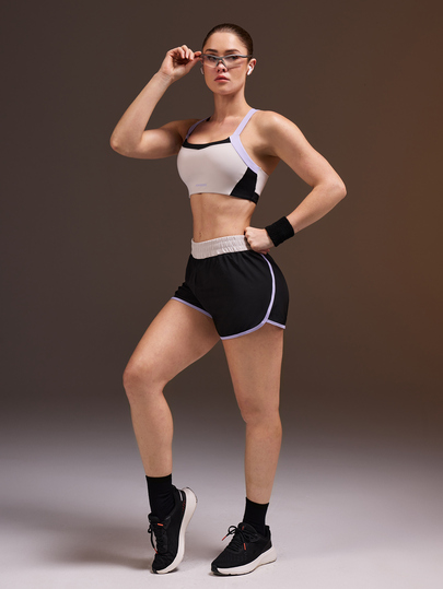 Powerista Women's Black, Light Purple, Light Gray Sports Bra & 2 In 1 Sports Shorts 2 Pieces Set