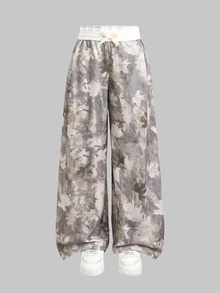 Tween Girls Autumn/Winter New Casual Versatile Snug Fit Low-Waist Elastic Waist Loose Wide-Leg Sweatpants, Colorblock, Patchwork Back To School - Multicolor - View 2
