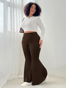 SHEIN EZwear 大尺碼女款純色休閒百搭日常穿著喇叭褲 - 棕色 - 查看 4