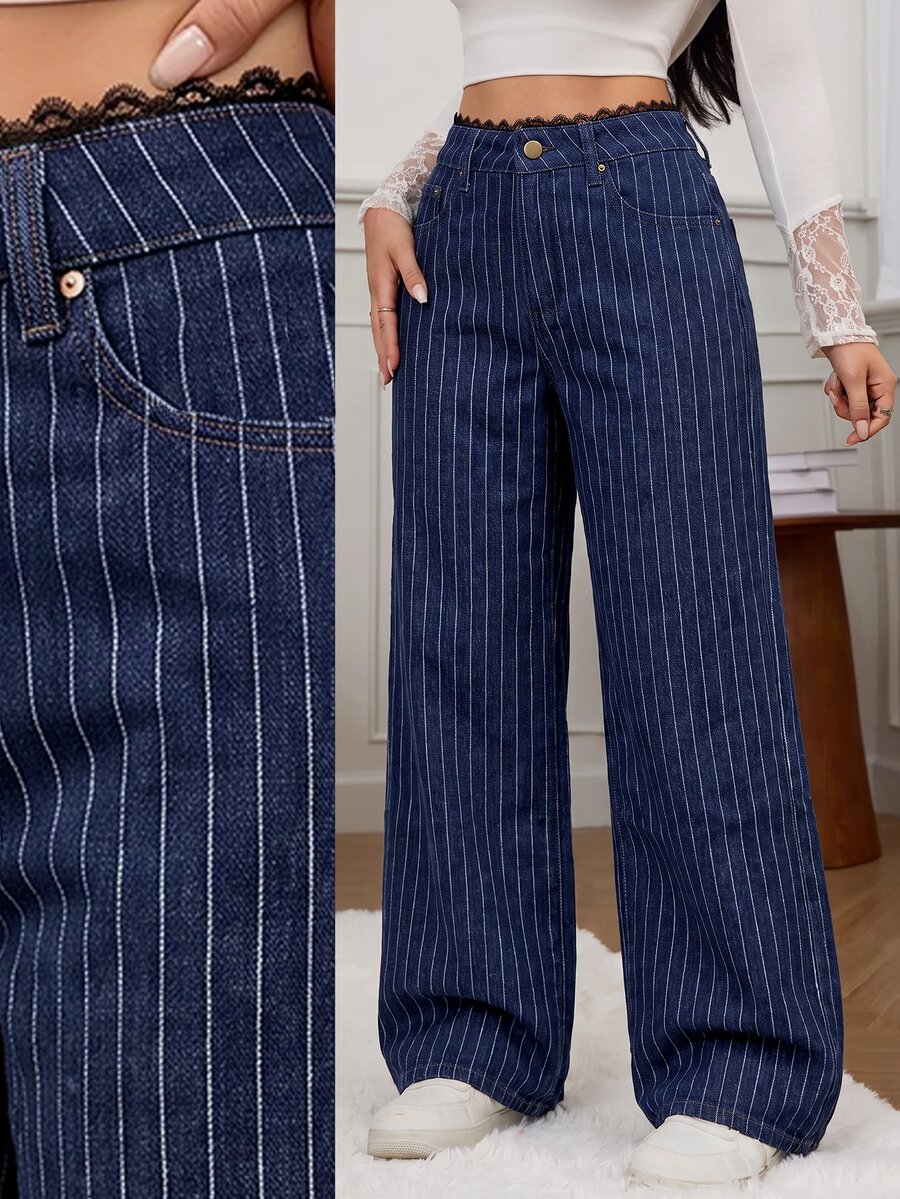 SHEIN Tall Women's Waist Contrast Lace Blue And White Striped Wide Leg Loose Fit Jeans Summer Everyday School Casual Preppy - Dark Wash - View 1