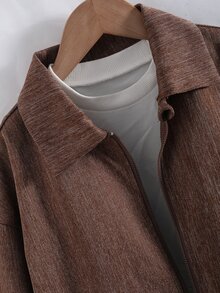 SHEIN 青少年女孩秋季服飾復古短版夾克領拉鍊飛行員外套 棕色落肩紋理外套 秋冬校園街頭穿搭 - 棕色 - 查看 5