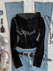 SHEIN EZwear 休閒極簡風女款天鵝絨修身短版運動衫 - 黑色 - 查看 1
