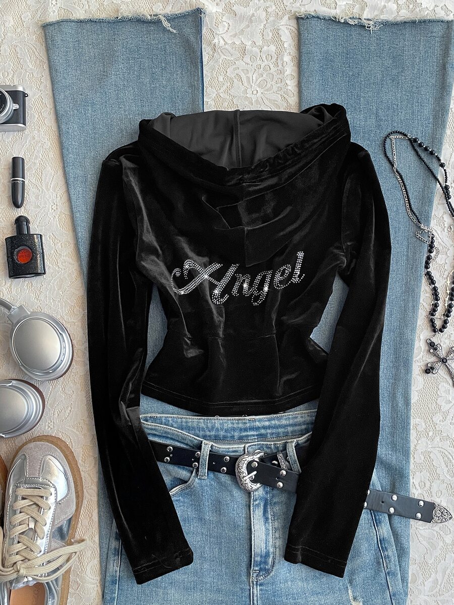 SHEIN EZwear 休閒極簡風女款天鵝絨修身短版運動衫 - 黑色 - 查看 1